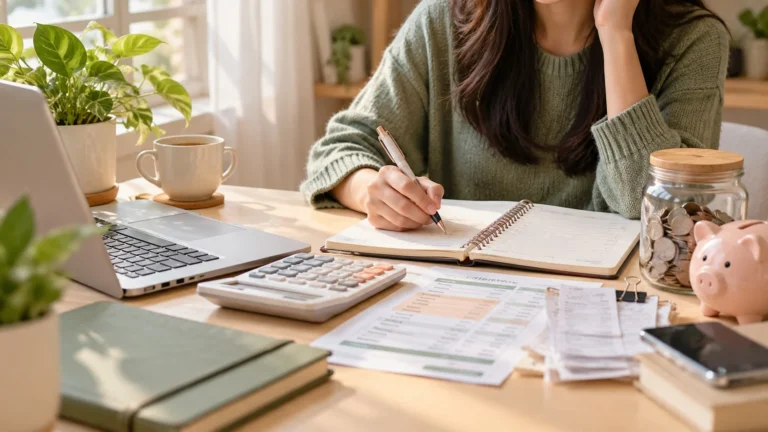 How to Budget on an Irregular Income 2 Woman planning how to budget on an irregular income using a notebook and calculator