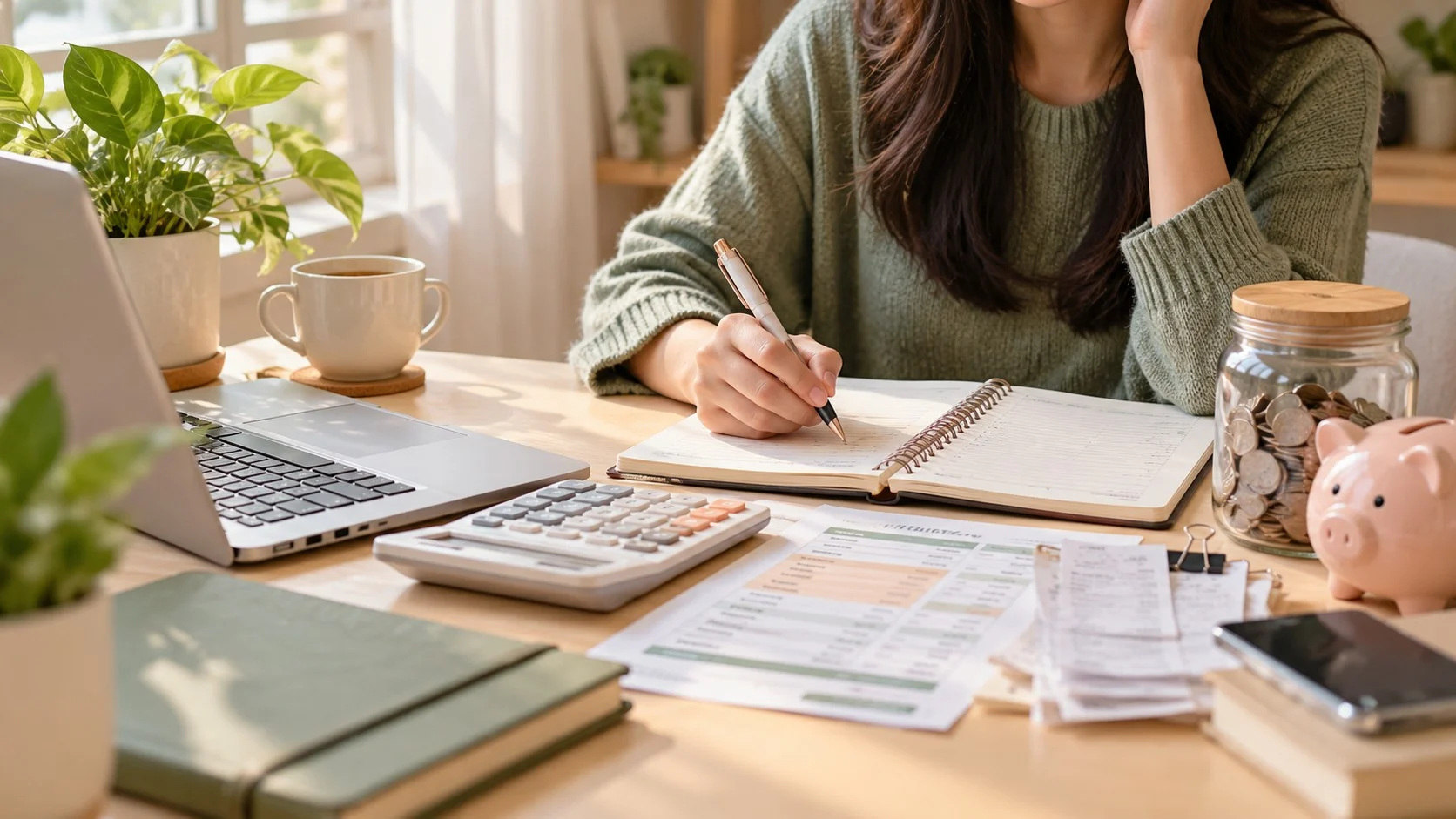 How to Budget on an Irregular Income 1 Woman planning how to budget on an irregular income using a notebook and calculator