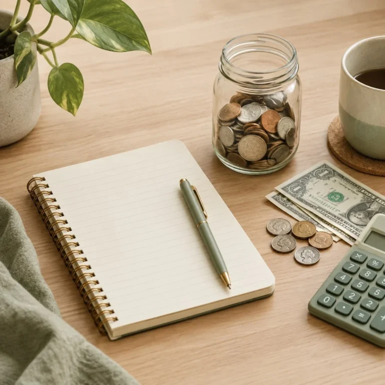 How to Start an Emergency Fund on a Low Income 1 Notebook, calculator, and a jar of coins on a desk for emergency fund planning