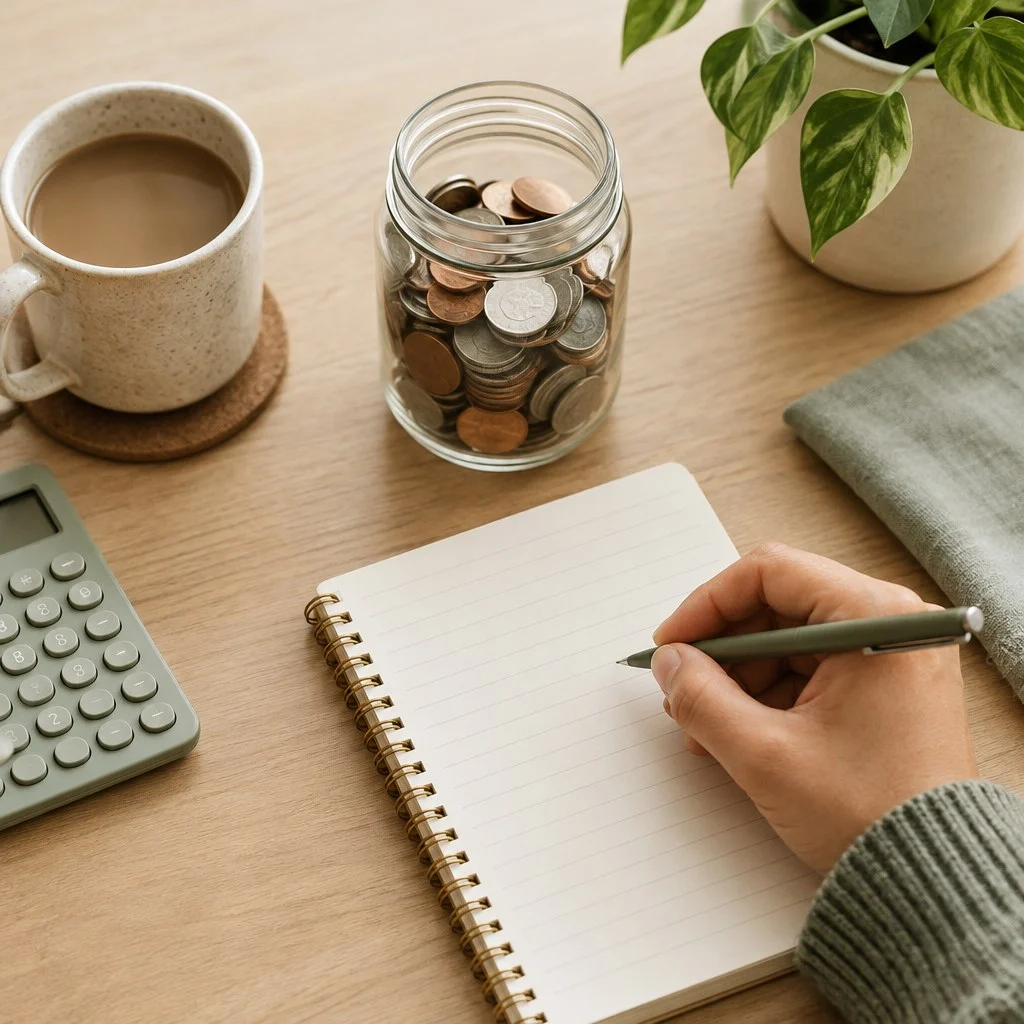 How to Start an Emergency Fund on a Low Income 2 Hand writing in a notebook beside a jar of coins and a calculator
