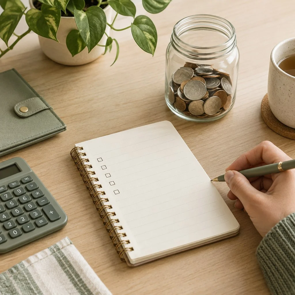 How to Start an Emergency Fund on a Low Income 3 Hand adding a checklist to a notebook beside a jar of saved coins